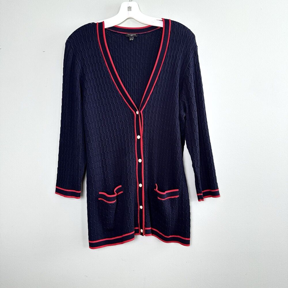 Talbots Cable Knit Cardigan Sweater Womens 1X Blue Pockets Nautical Preppy